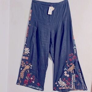 Johnny Was Zuzu High Slit Linen Pants embellished with lots of embroidery multi